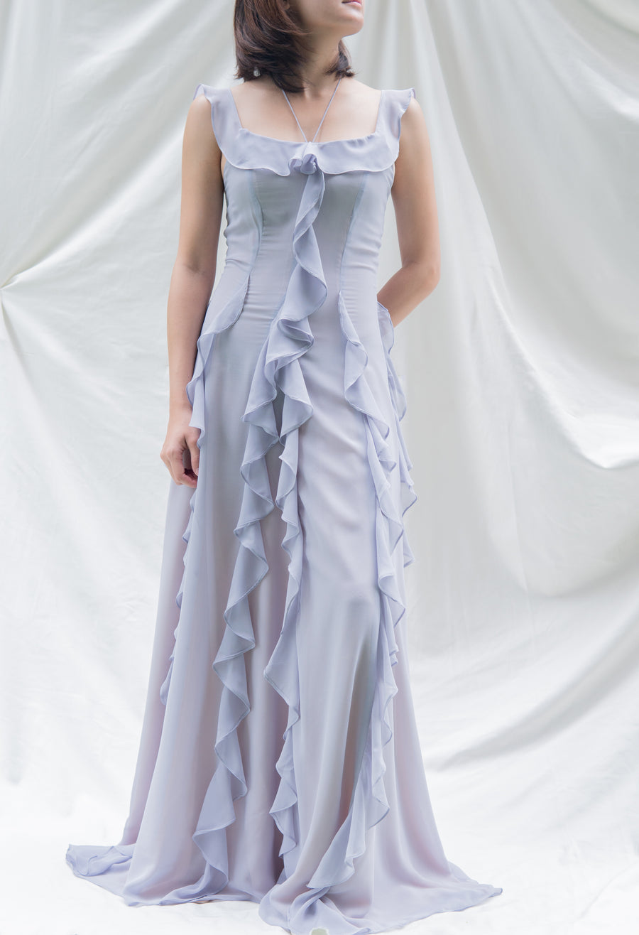 Frilled Long Dress - Gray